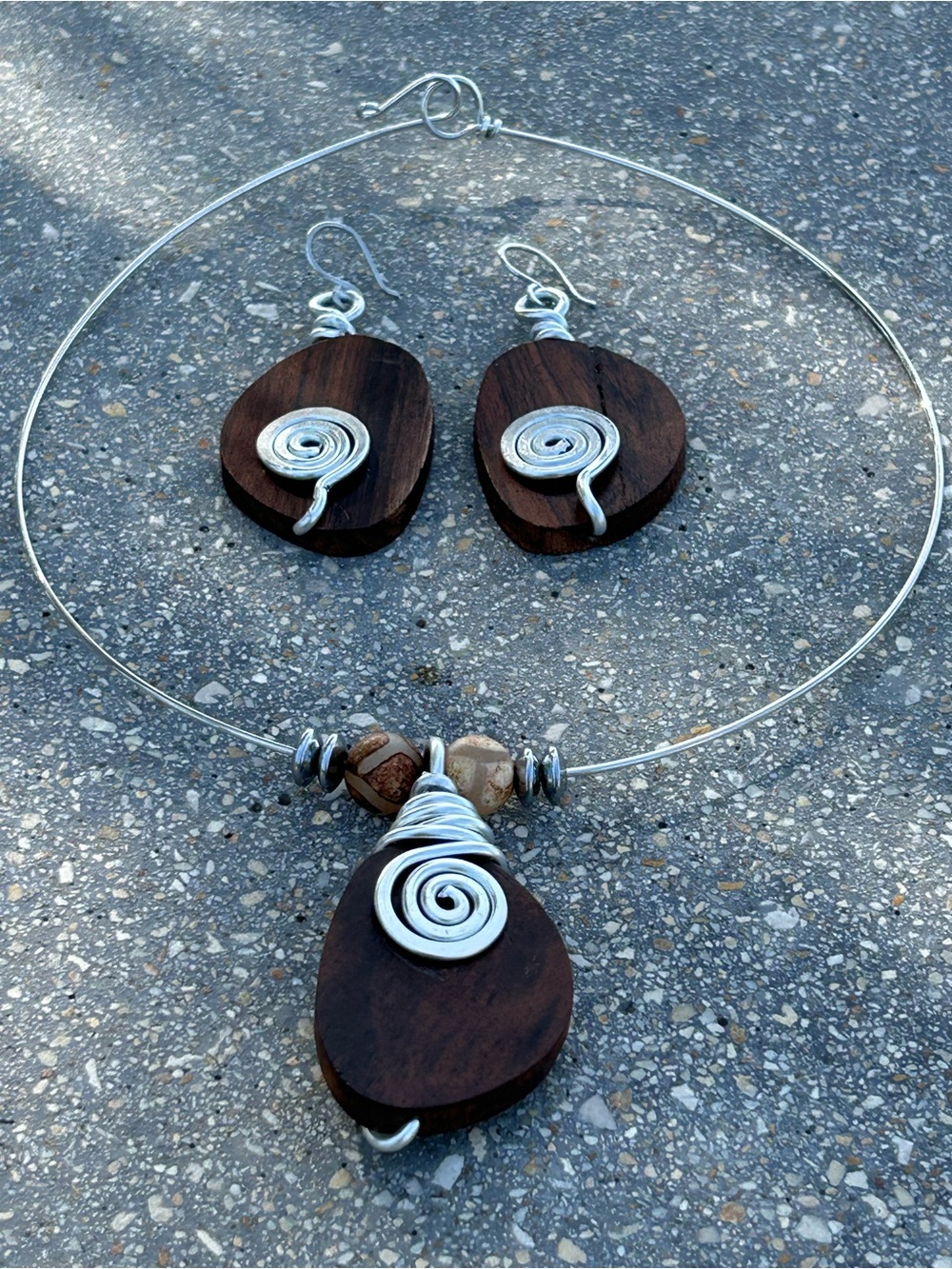 Wood and Silver Spiral Pendant Necklace with Matching Earrings - Brown